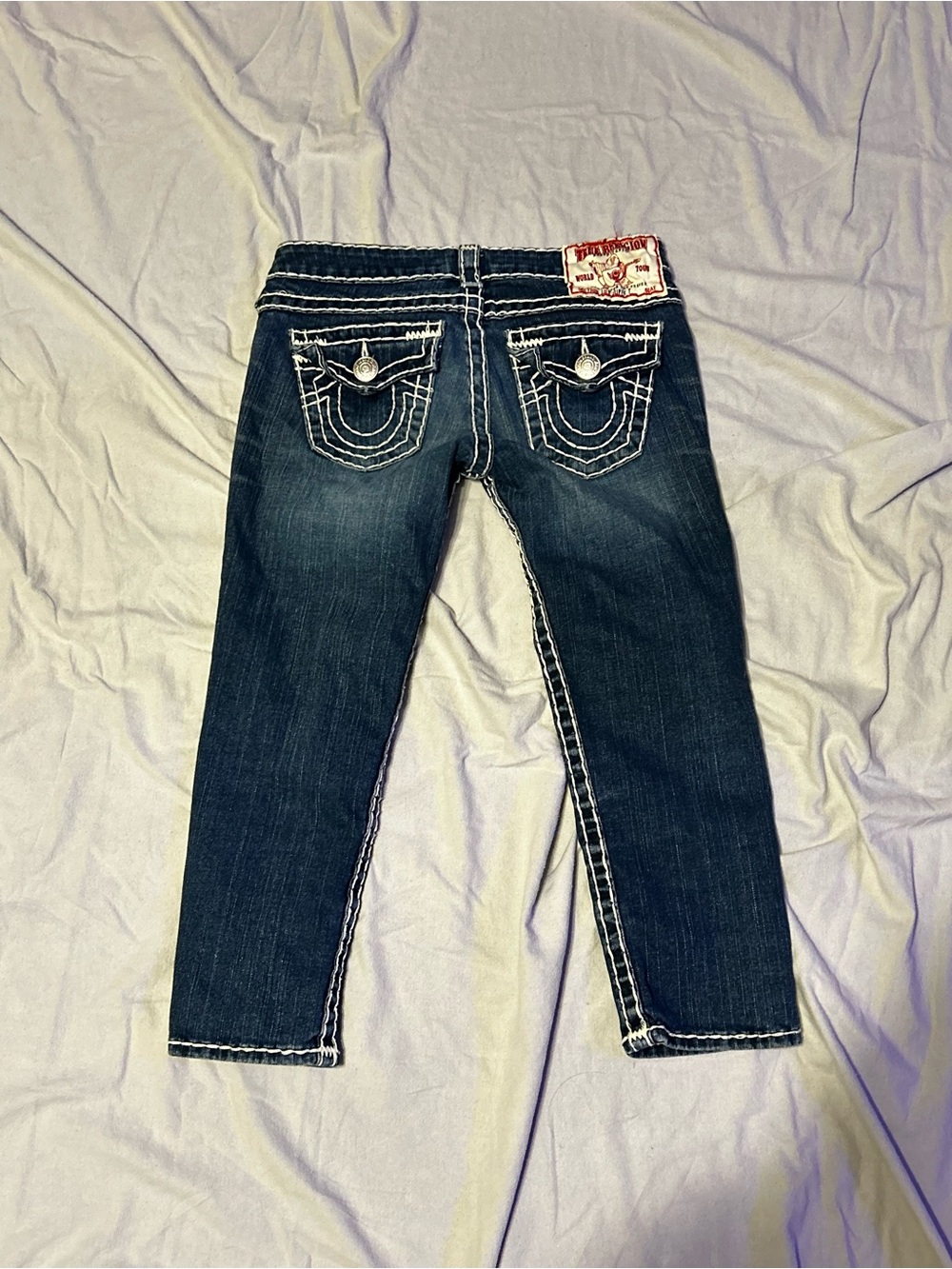 True Religion Lily Super T Dark Wash Thick White Stitch Cropped Skinny Jeans
